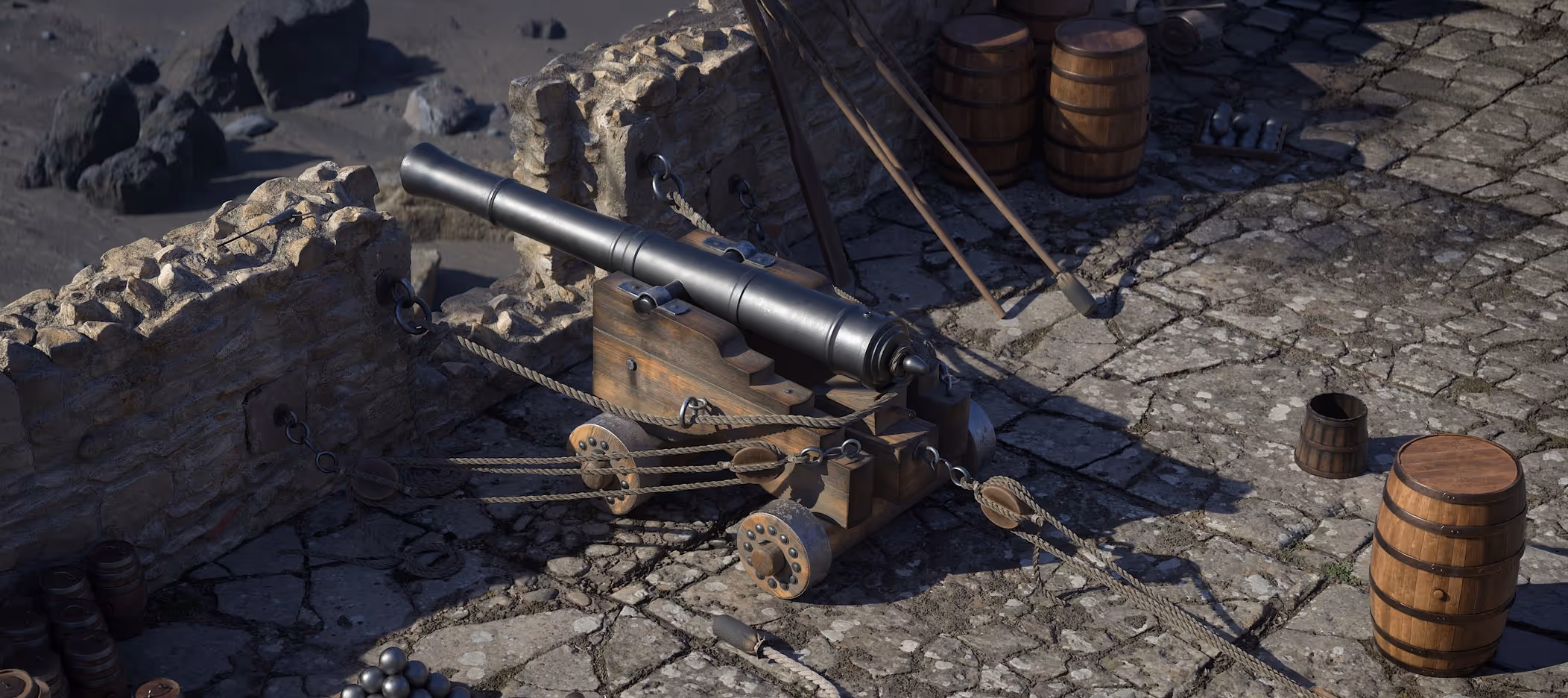 Historic naval cannon 3D model on stone fortress wall, detailed wooden carriage, ropes and cannonballs in realistic render.