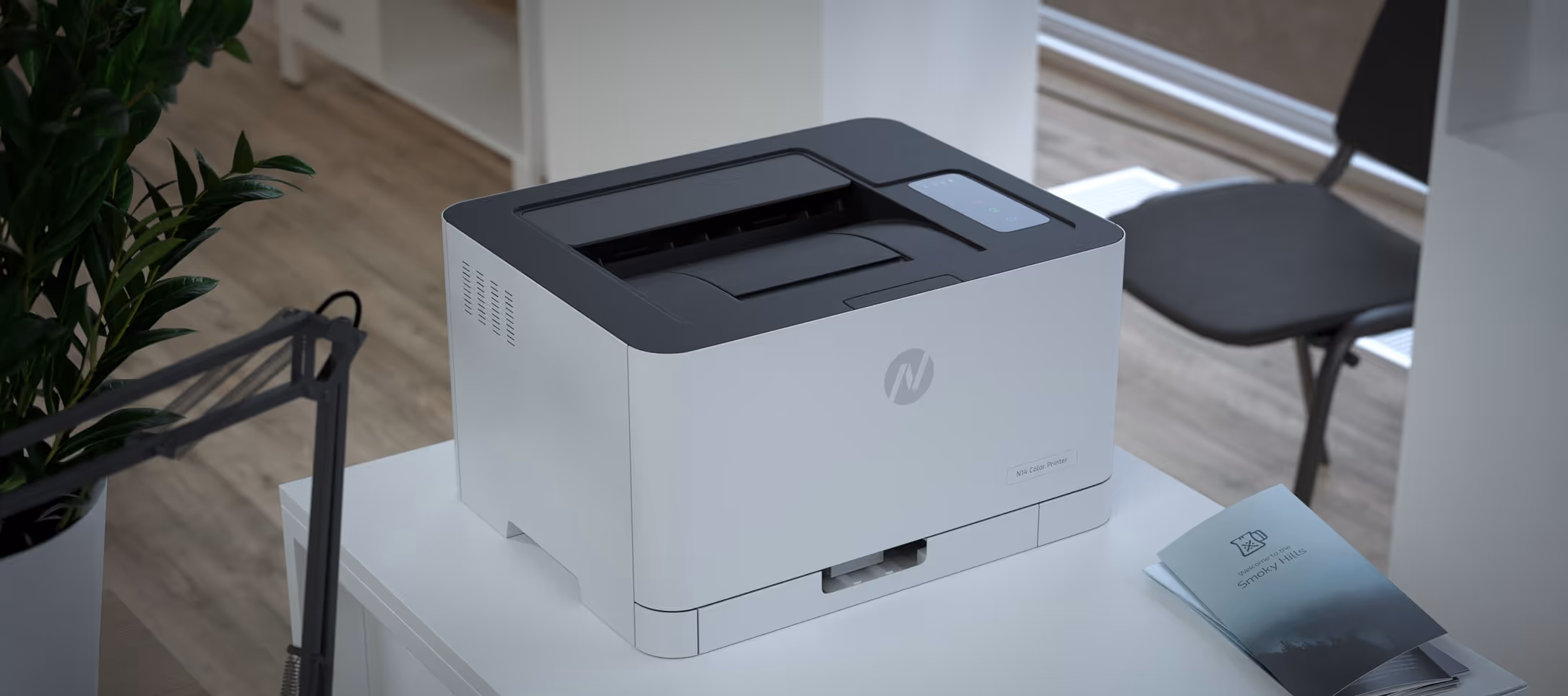 Modern office printer 3D model on white desk, realistic minimalist laser printer render for workspace and product visualization.